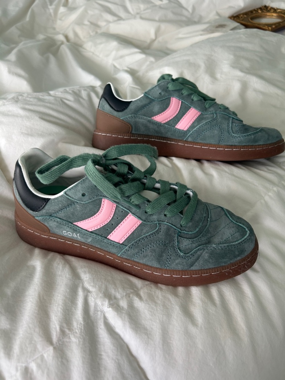 Coolway Green Suede Sneakers with Pink Stripes